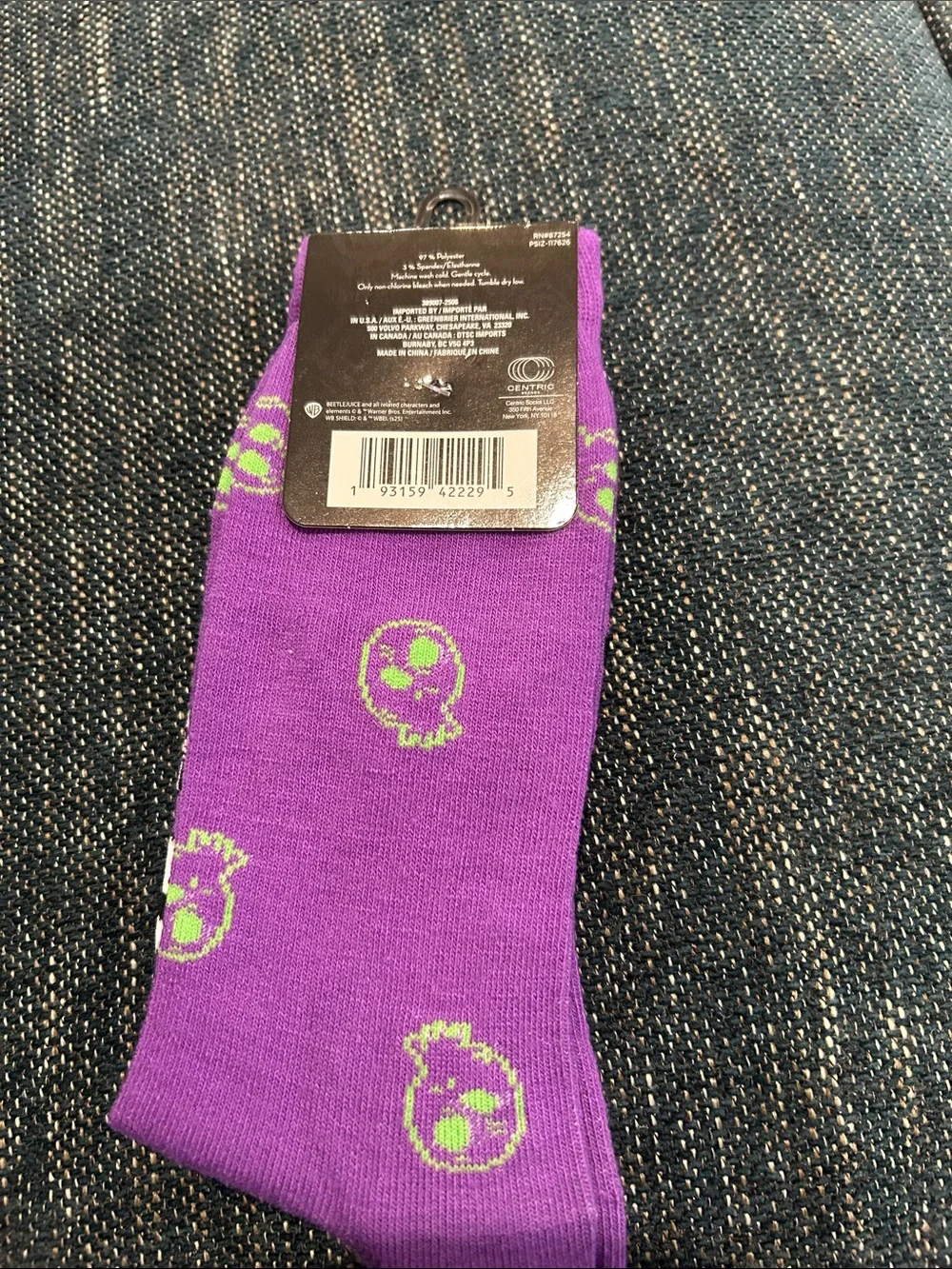 Beetlejuice Purple Graphic Crew Socks with Neon Green Accents
